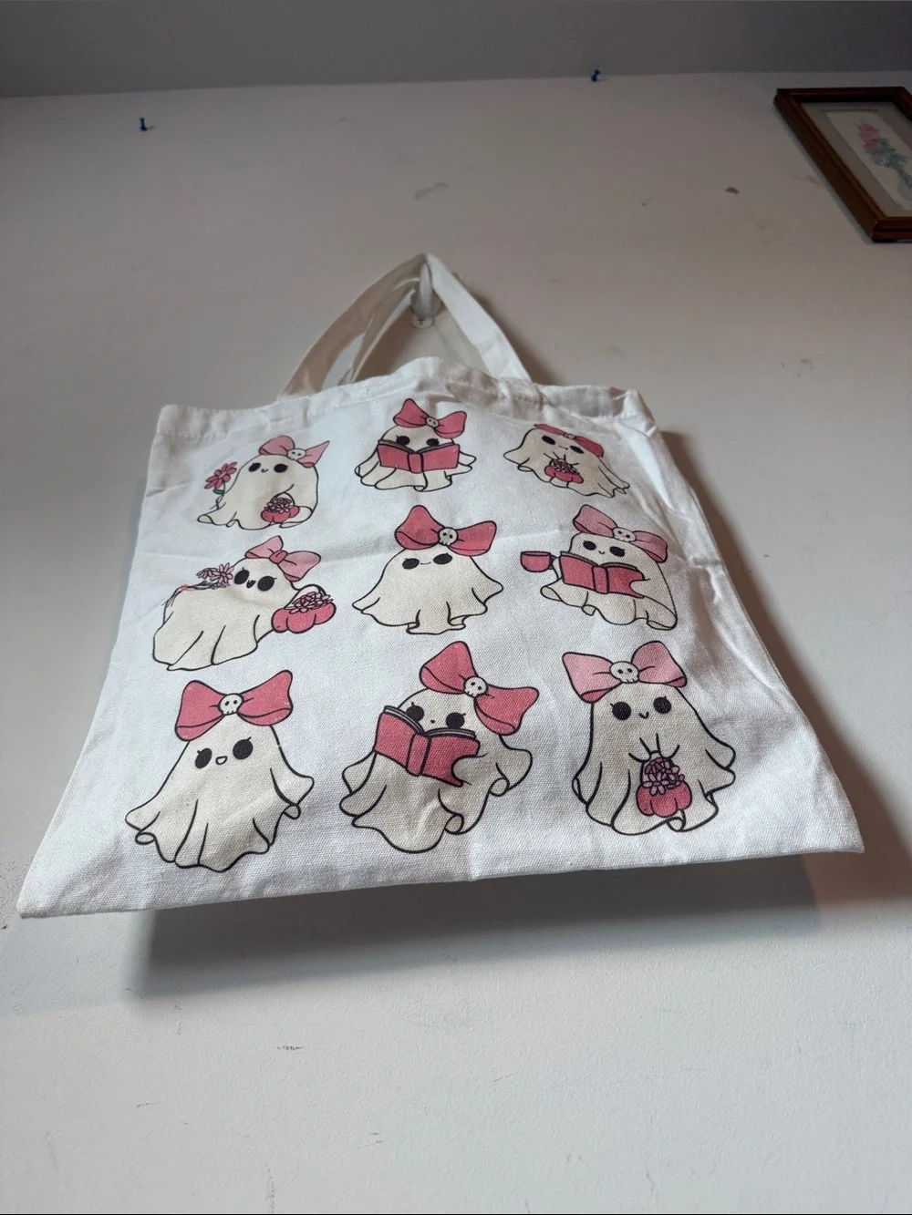 Cute Ghosts Canvas Tote Bag with Pink Bows